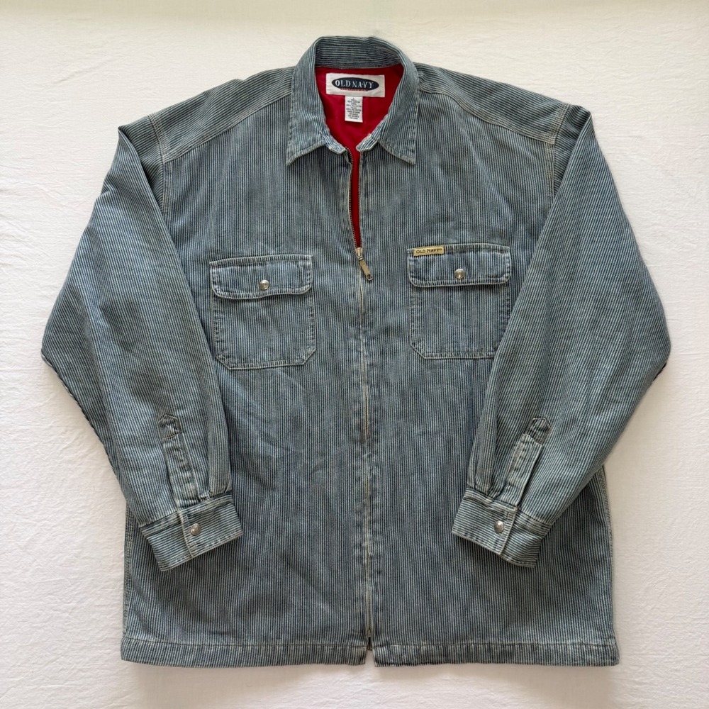 Old Navy Jacket Mens Large Hickory Stripe Denim Quilted Lined Full Zip Workwear
